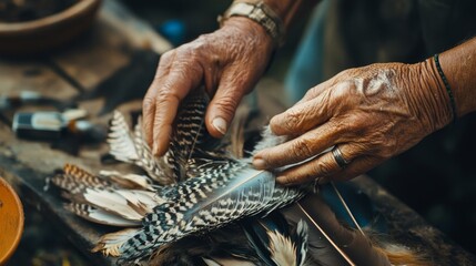 Aged Hands Carefully Arrange Feathers
