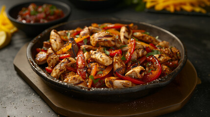 Fototapeta premium Chicken fajitas with bell peppers and spices served on a hot skillet