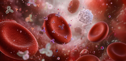 Rhesus Rh positive, negative factor. Red blood cells, blood typing for transfusions, pregnancies. Genetics, immunology, healthcare, antibody response. Rhd protein antigen, erythrocyte. 3D background