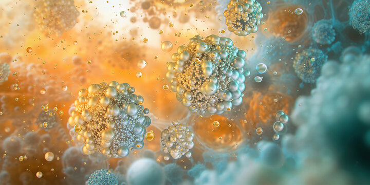 Abstract visualization of nanoparticles. Tiny particles, atomic scale. Nanotechnology, nanomaterials molecular research. Drug delivery, cancer therapy, nanomedicine, nano chemistry 3D illustration