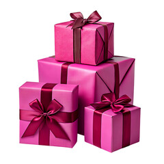 Obraz premium Purple and pink gift boxes PNG isolated on transparent background 2025 - shiny gold ribbon, festive present for birthday, Christmas, New Year, Valentine's, anniversary, event mockup, holiday download