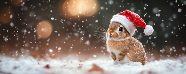 Little tiny bunny dressed up as Santa Claus on snowing