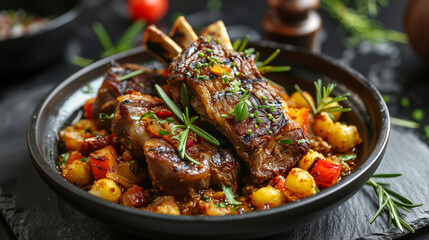 Curry goat cooked with vegetables served in a black bowl garnished with herbs