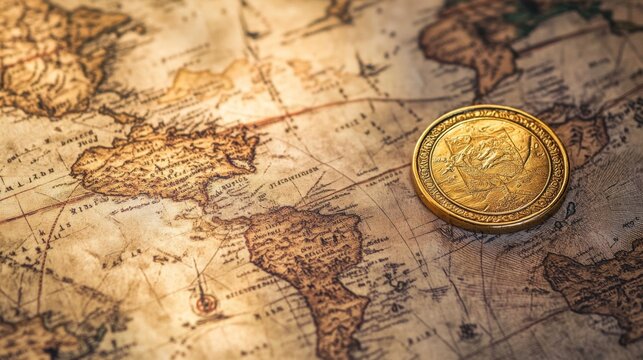 Antique Map with Golden Coin - Historical Treasure