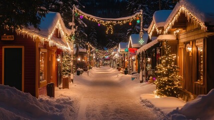 Snowy Village Street Decorated For Christmas Night