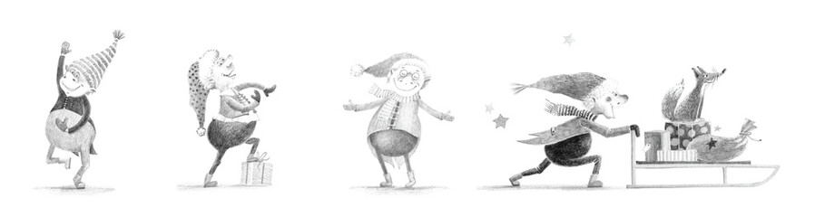 Group of Gnomes. Christmas Hand Drawn Illustration  Isolated on White