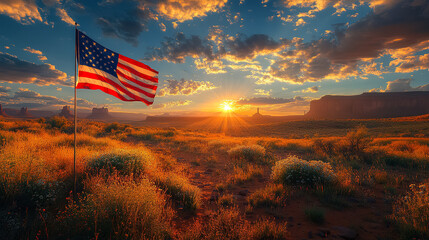 Sunset view over Monument Valley with American flag waving in foreground and dramatic cloud formations above. Generative AI