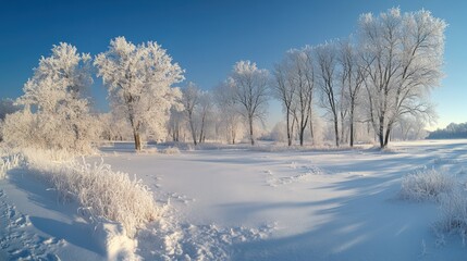 Fototapeta premium A serene winter landscape featuring snow-covered trees and a clear blue sky, creating a tranquil and picturesque scene.