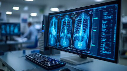 Advanced medical imaging display showing detailed lung scans in a modern healthcare facility. Generative AI