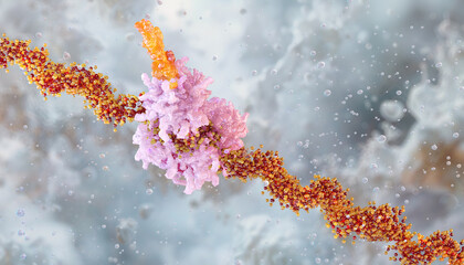 Cellular translation process. A ribosome synthesizes protein based on mRNA information. The mRNA strand carries genetic code. The ribosome decodes mRNA to form a protein chain. Molecular biology 3D