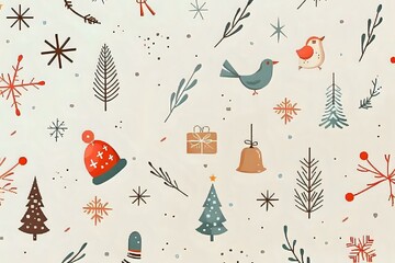 Winter Wonderland: Festive Birds, Trees, Snowflakes, and Gifts Create a Joyful Holiday Design Pattern, Perfect for Seasonal Celebrations and Winter-Themed Projects.  A Delightful Visual for Cards