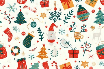 Delightful Christmas Decorations: Festive Ornaments, Candy Canes, and Holiday Trees Adorn this Cheerful Winter Design, Showcasing a Joyful Celebration with Symbolic Gifts and Snowflakes.