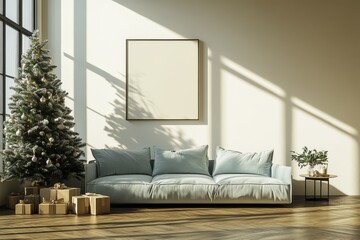 Fototapeta premium Modern White Living Room with Light Blue Sofa, Christmas Tree, and Green-Yellow Decor, Bright and Cozy Interior Design