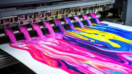 Book factory. A vibrant printer produces colorful ink patterns on paper, showcasing a blend of pink, blue, and yellow hues in an artistic display.