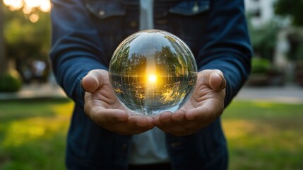person holds a glass orb reflecting a sunset