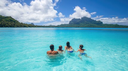 Family enjoys swimming in crystal-clear turquoise water of a tropical lagoon, with lush green mountains in the background under a bright sunny sky.