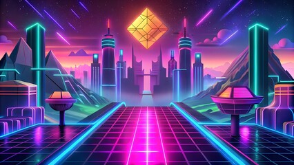 Neon gaming industry, in a gamelike cyber style shining urban background