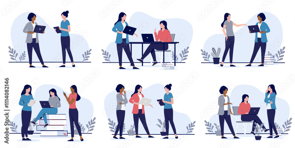 Poster Women working in office illustration collection - Set of vector graphics with professional team of businesswomen using laptop computers doing teamwork and work together in workplace in flat design