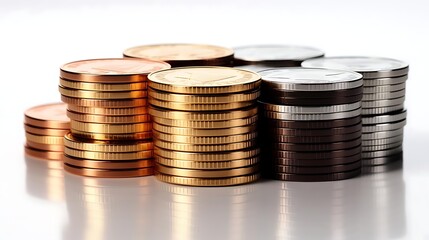 Stacks of gold, silver, and bronze coins on a reflective surface.