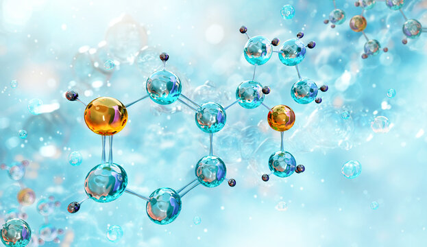 Nicotine molecular structure 3D illustration. Chemical formula C10H14N2 with atoms, bonds.  Tobacco addiction. Shows pyridine, pyrrolidine rings. For chemistry, scientific, pharmacology, medical use