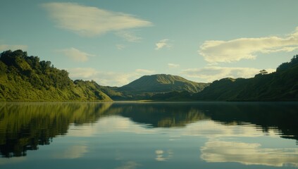 Naklejka premium 湖に映る山々と青空の明るい風景