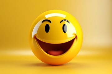Fototapeta premium A 3D rendering of a cheerful yellow smiley face with a wide open mouth and raised eyebrows, set against a yellow background.