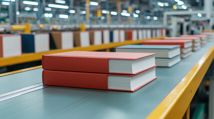 Book factory. A close-up view of stacked books on a conveyor belt in a modern publishing or printing facility, showcasing the production process.