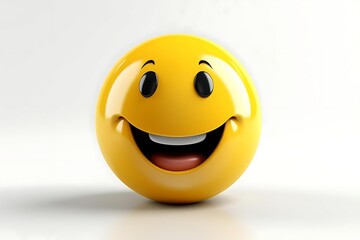 Fototapeta premium A cheerful, shiny yellow emoticon with a wide smile, rendered in 3D against a white background.