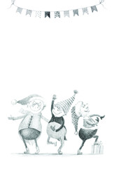 Group of Gnomes. Christmas Hand Drawn Illustration  Isolated on White