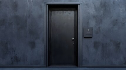Wooden door in a room with a lamp. Close up of closed wooden door in the empty room with copy space