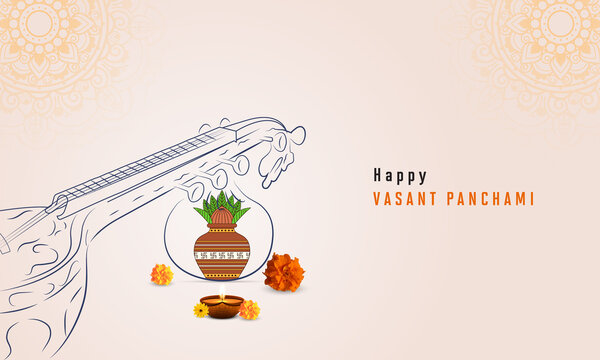 Happy Vasant Panchami with creative concept. Maa Saraswati Pooja India holiday Background with rangoli, Vasant Panchami celebration . Greeting card, 3d vector illustration.