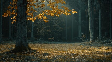Golden Autumn Leaves in a Dark Forest