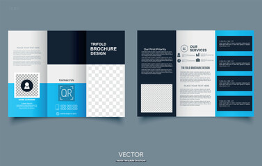 Blue trifold brochure with geometric abstract shapes. For presentation and printing.