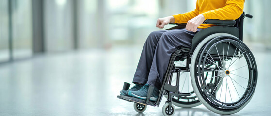 Disability wheelchair workplace diverse team concept. A person in a wheelchair is seated, wearing a bright orange shirt, set against a blurred indoor background