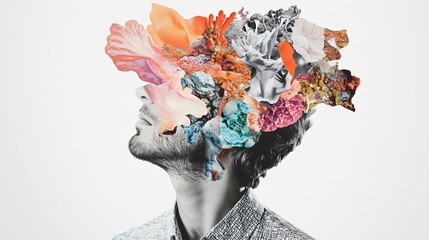 Surreal Portrait of a Man with Nature's Elements: A Captivating Collage of Thoughts, Imagination, and Creativity in a Colorful, Artistic Expression of Human Emotion and Psychology