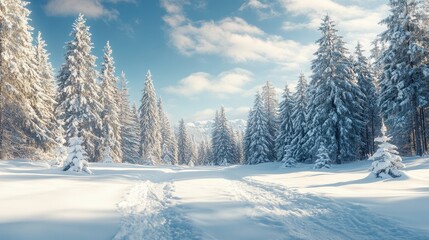 Obraz premium Winter landscape with snow-covered tall evergreen trees