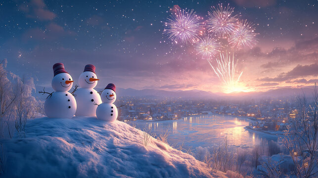 Snowmen Celebrate New Year with Fireworks in Winter Scene - Powered by Adobe