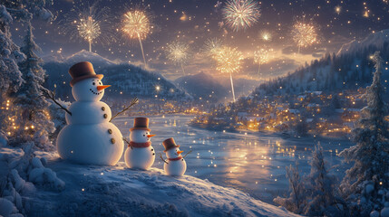 Snowmen Celebrate New Year with Fireworks Display