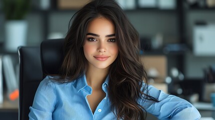 Long shot of a Russian woman with dark hair sitting confidently on a modern office chair, smiling warmly at the camera, wearing a stylish blue shirt and white shoes, surrounded by a minimalist, 