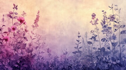 A faded and elegant botanical illustration with a grainy gradient that gives it an antique feel. The design showcases a mix of flowers and leaves in soft and muted shades of purpl