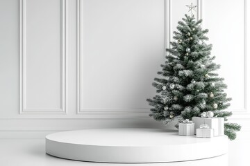 White Podium with Christmas Tree and Gifts on a Bright White Background, Product Presentation Mockup