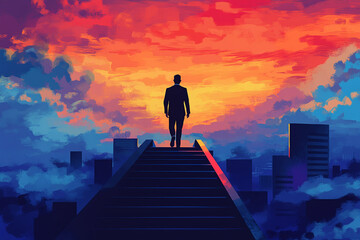 A businessman walking up the stairs to success in city ai generated