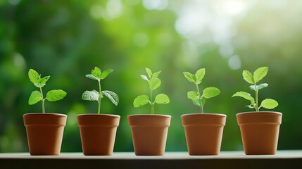 Fototapeta premium Rows of fresh green mint plants in terracotta pots, placed indoors and outdoors, thriving in bright natural light or rain..