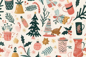 Celebrate Winter Holidays: Festive Ornaments, Cozy Drinks, and Joyful Animals Adorn this Whimsical Pattern, Creating a Cheerful and Warm Holiday Spirit. Delight in the Festive Season