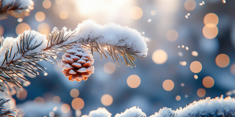 Closeup view of the twig of coniferous tree with cone covered by snow in snowfall. Christmas background.