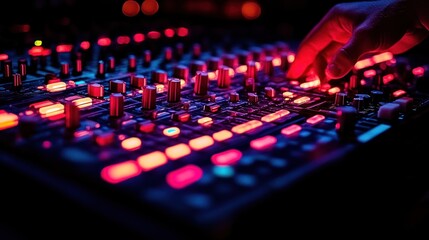 Obraz premium Close-up of a hand adjusting audio mixing console with illuminated buttons and knobs.