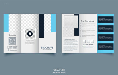 Blue trifold brochure with geometric abstract shapes. For presentation and printing.