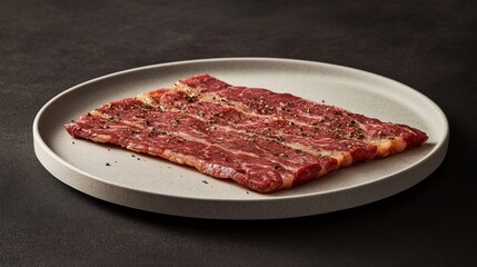 Obraz premium Fresh Raw Beef Slices on Simple Plate Ready for Cooking