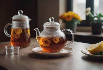A glass cup of steaming tea and teapot on a wooden table