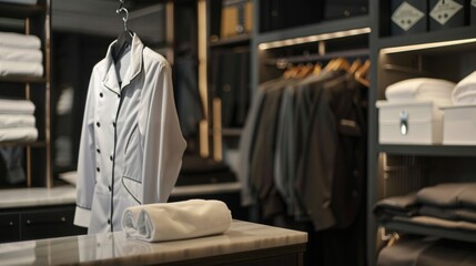 Naklejka premium Neatly organized clothing rack showcasing a variety of men s casual and formal fashion apparel including jackets coats and other attire items displayed in an upscale retail store setting